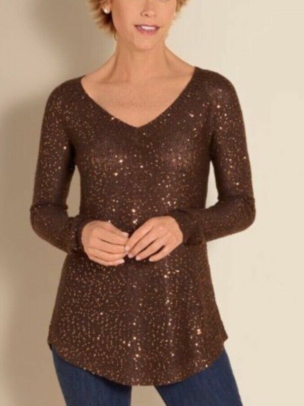 Soft Surroundings Brown V-Neck Sequin Pullover Tunic Sweater dressy top M